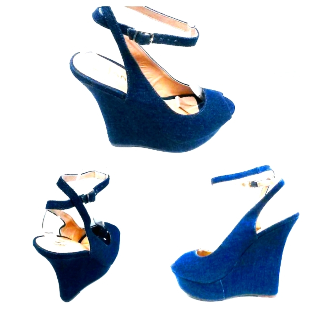 NEW! CUTE! Blue Denim Wedge Heels! - Picture 3 of 7